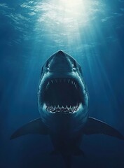 Fototapeta premium The powerful white shark rises from the depths showcasing its sharp teeth and strength