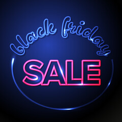 Vector black friday sale flyer banner header social media status template  made from blue and pink neon sign on the dark background. Balck friday tag sign label template.