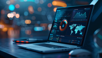 Fototapeta premium Futuristic Laptop with Data Analytics and World Map