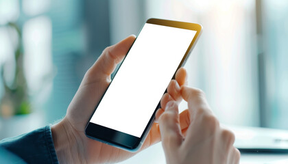 Person Using Smartphone with Blank Screen