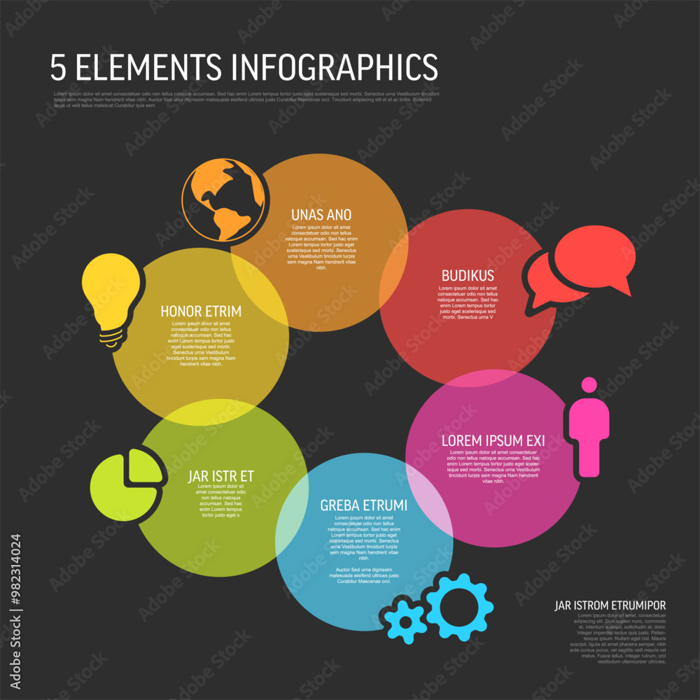 Poster fresh colorful infographic multipurpose template with six rainbow circle items on black background w