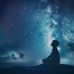 Fototapeta premium Silhouette of a Child Gazing at a Starry Night Sky - Dreaming and Wonder Under the Cosmos