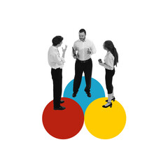 Group of people standing on colorful circles, engaging in discussion. Brainstorming and teamwork....