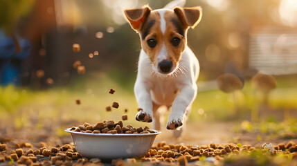 A small cute Jack Russell puppy near a bowl of food. AI Generated
