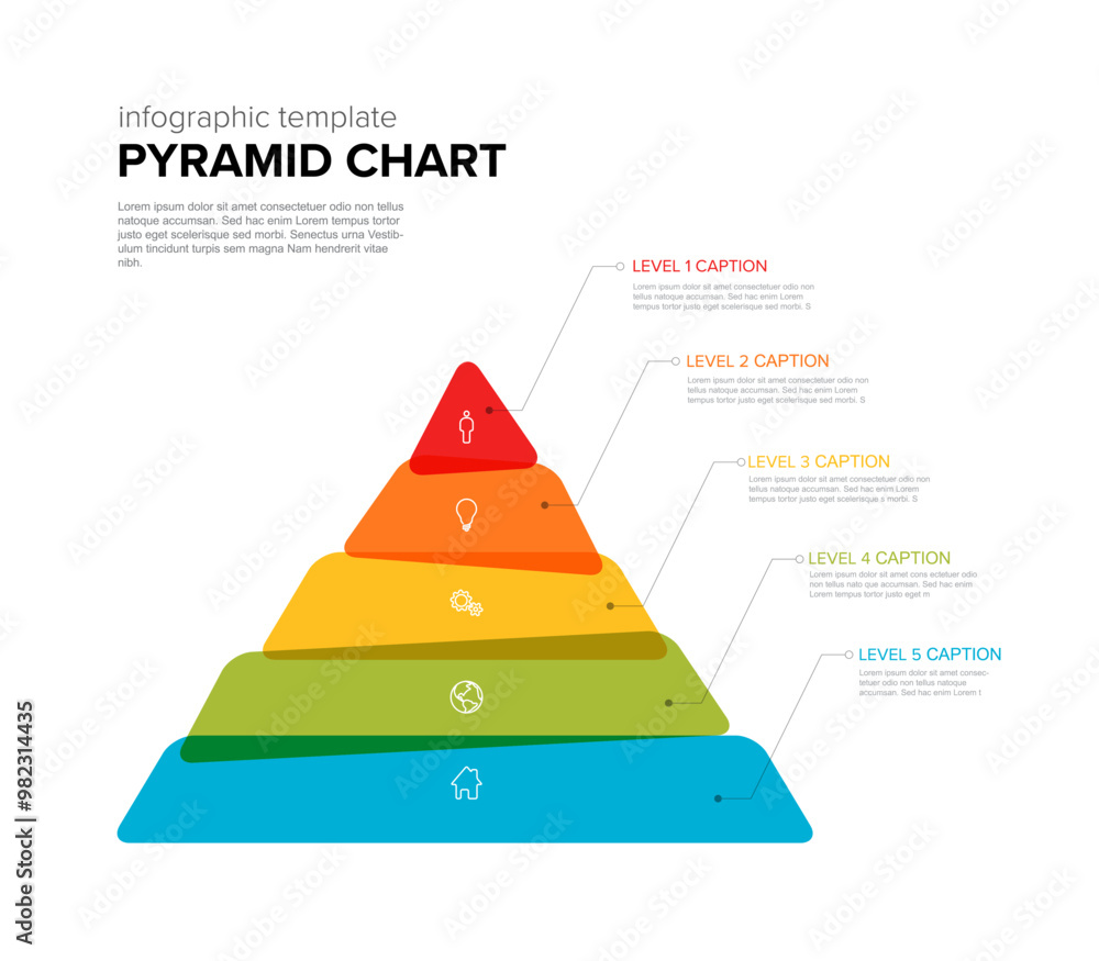 Poster vector maslow infographic stipe layers template with five levels - color pyramid template on light b