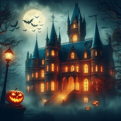 halloween castle in the night Generative ai