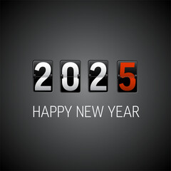 Vector Modern minimalistic Happy new year card 2025 with a big airport flip letters numbers 2025 on dark background with red accent and place for your text