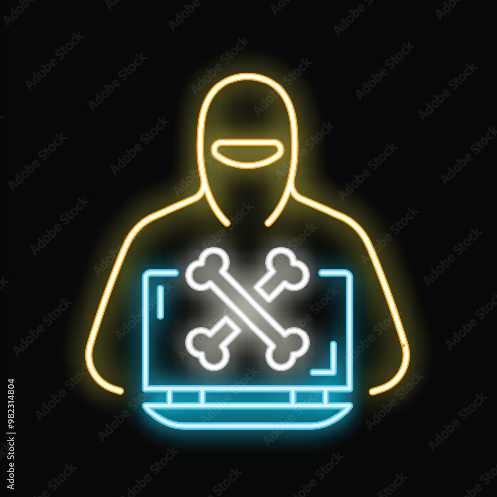 Poster neon sign of a hacker using a laptop with a skull and crossbones symbol on the screen