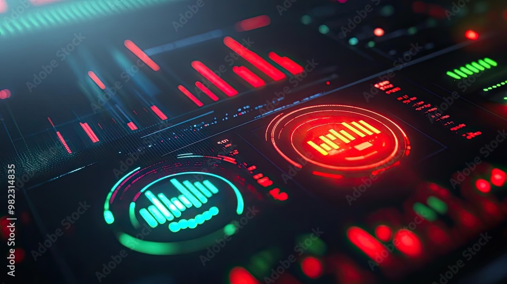 Poster Close-up view of a modern digital audio mixer displaying vibrant sound levels and controls in a dark environment.