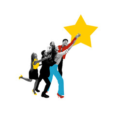 Group of employees trying to reach bright yellow star. Collaborative efforts and motivation to...
