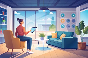 Smart home technology in a modern living room, featuring a woman controlling devices with a tablet interface