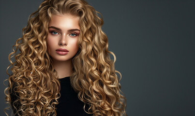 Fototapeta premium Studio portrait of female model with long blonde hair on gray background. Woman with glossy wavy white hairstyle and make-up.