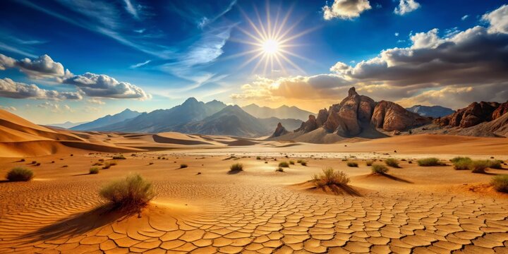 Scorching sunbeams rake the parched arid landscape, where dry mountains rise sharply against the blue, and distant