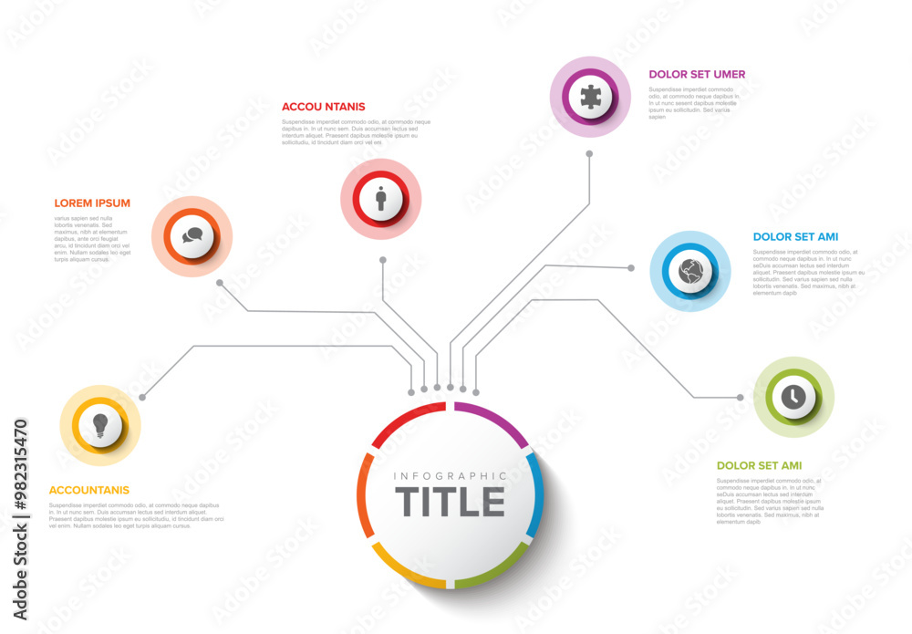 Poster simple colorful circular infographic design template with six element and big circle with title on t