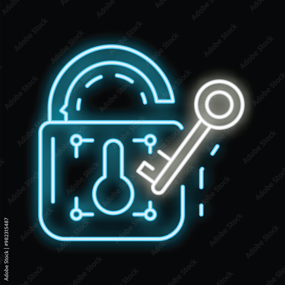 Poster glowing neon icon of a padlock being unlocked with a key, symbolizing cybersecurity and data protect