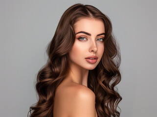 Naklejka premium Stylish brunette model woman with long curly hair. Young adult woman with hairstyle wavy curls. Fashion, beauty and makeup concept