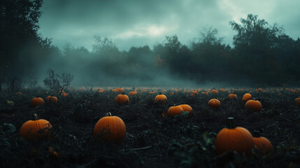 Spooky Pumpkin Field near the dark woods