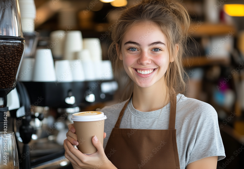 Wall mural A young woman in a brown apron is smiling at the camera while holding a cup of coffee