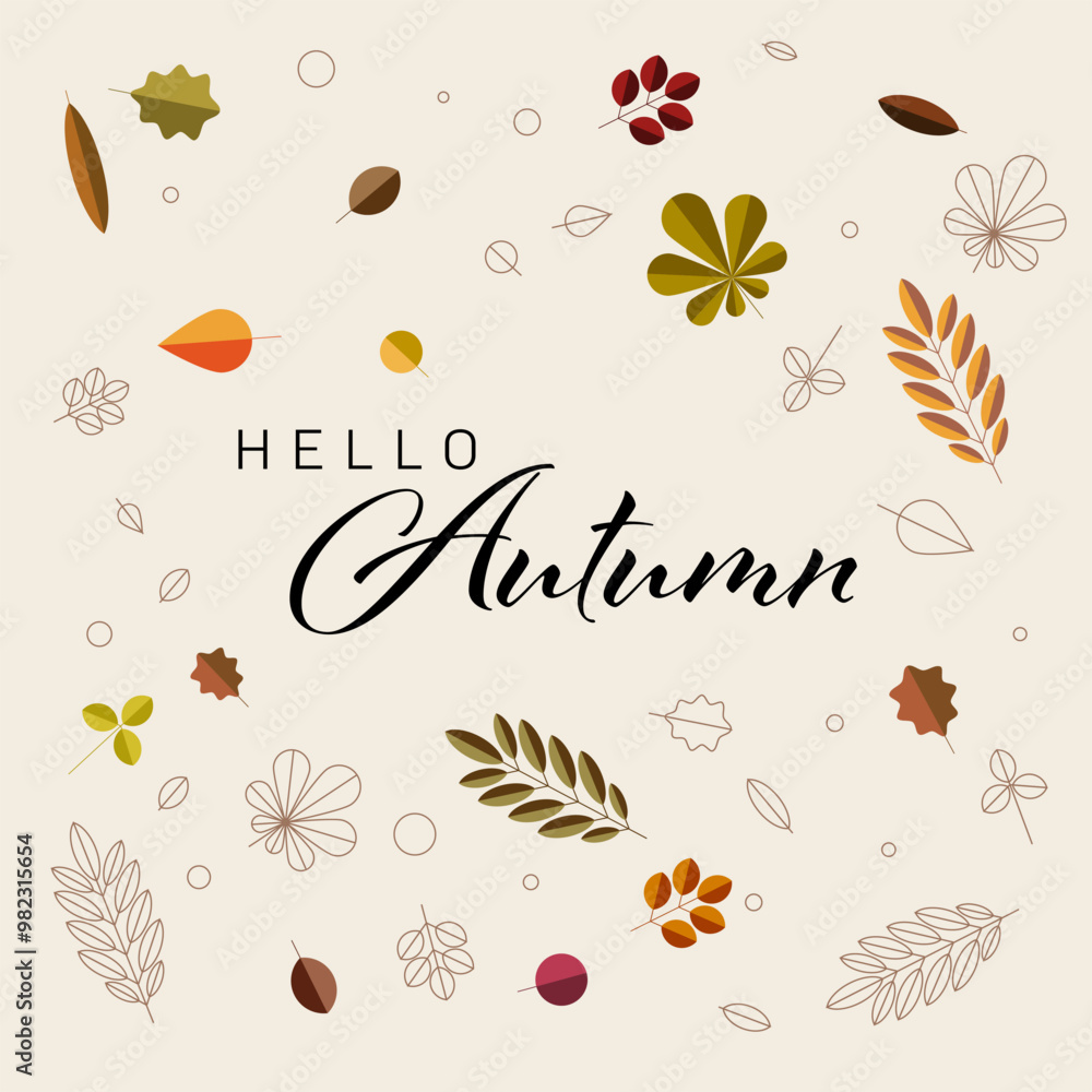 Poster hello autumn abstract floral background circle made from minimalist leafs with place for your text. 
