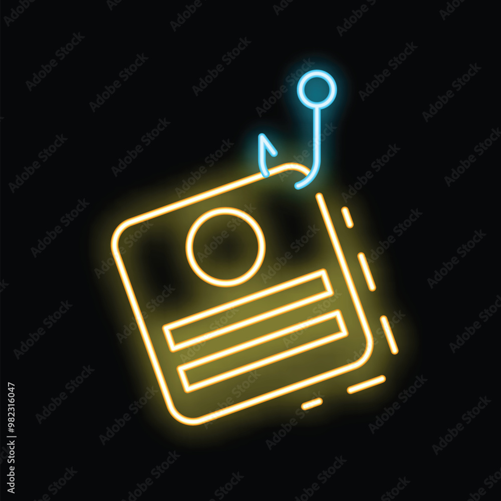 Poster neon icon of a phishing attack stealing sensitive data from a computer