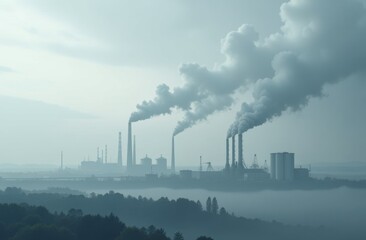 Obraz premium The background is a sky that looks grey and gloomy. Dust and smoke particles fly in the air, creating fog. Factories and plants can be seen on the horizon, polluting the atmosphere