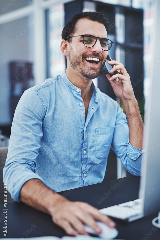 Poster Office, man and happy on computer with phone call for consultation and assistance as IT specialist. Male person, employee and smile on pc in desk for communication, networking and connection