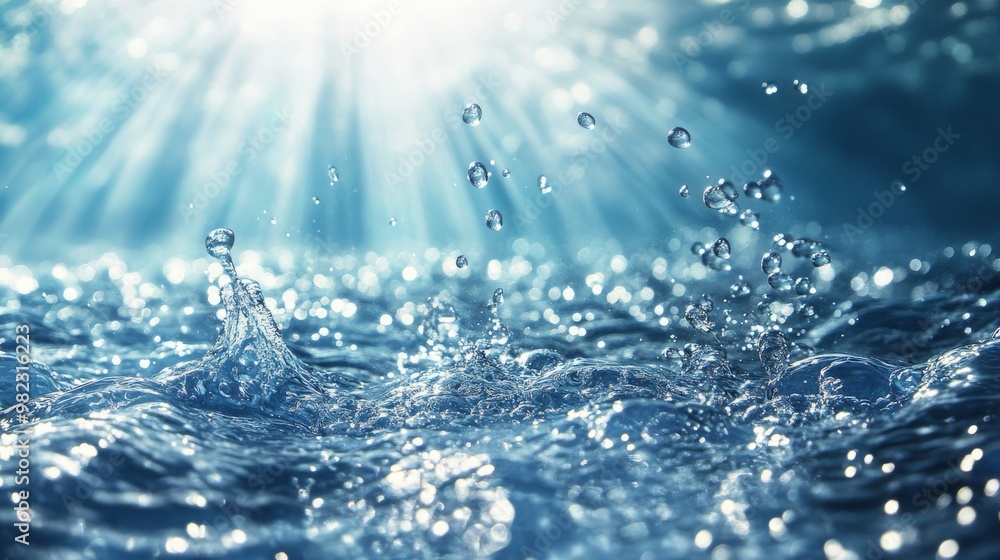 Poster water droplets splashing and creating waves with sun rays