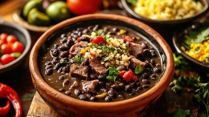 A delicious bowl of black bean stew with meat, garnished with herbs and vegetables.