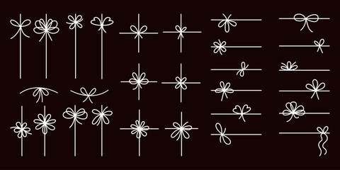 Simple line bow ribbon doodle set. Isolated white line on black background. Vector hand drawings bowknot on string, lines and corners decoration