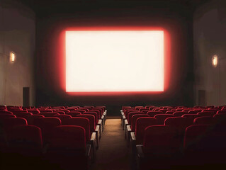 Fototapeta premium A movie theater with a red screen and empty seats