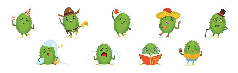 Green Cactus Funny Character Engaged in Different Activity Vector Set