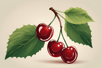 Stylized illustration of ripe red cherries with a large leaf on a light background.