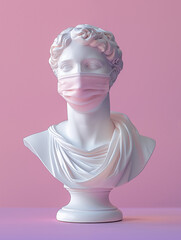 Human statue in a medical mask on a pastel pink background. Concept of protective equipment, covid pandemic prevention, respiratory disease, air pollution, corona virus infection.