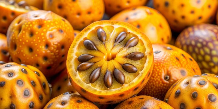 "A vibrant, yellow-orange caqui fruit with a smooth, slightly sticky skin and an intricate pattern of brown seeds and ridges on its surface."