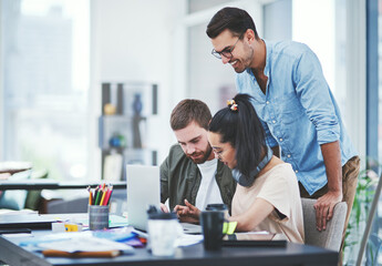 Business people, creative agency and teamwork with laptop, planning and brainstorming in office....