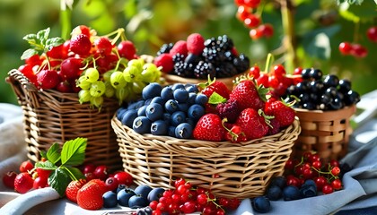 Freshly Harvested Berries in a Basket on Satin Fabric: A Vibrant Celebration of Healthy Summer Delights