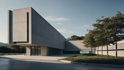 Obraz premium a minimalist building with clean, sharp lines, made entirely of smooth concrete, with large glass windows reflecting the surrounding landscape