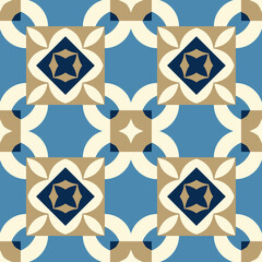  Blue Mediterranean Abstract Seamless Pattern, Geometric design with a series of interlocking shapes and an overall effect of a vibrant and symmetrical tile motif suitable for decorative applications.