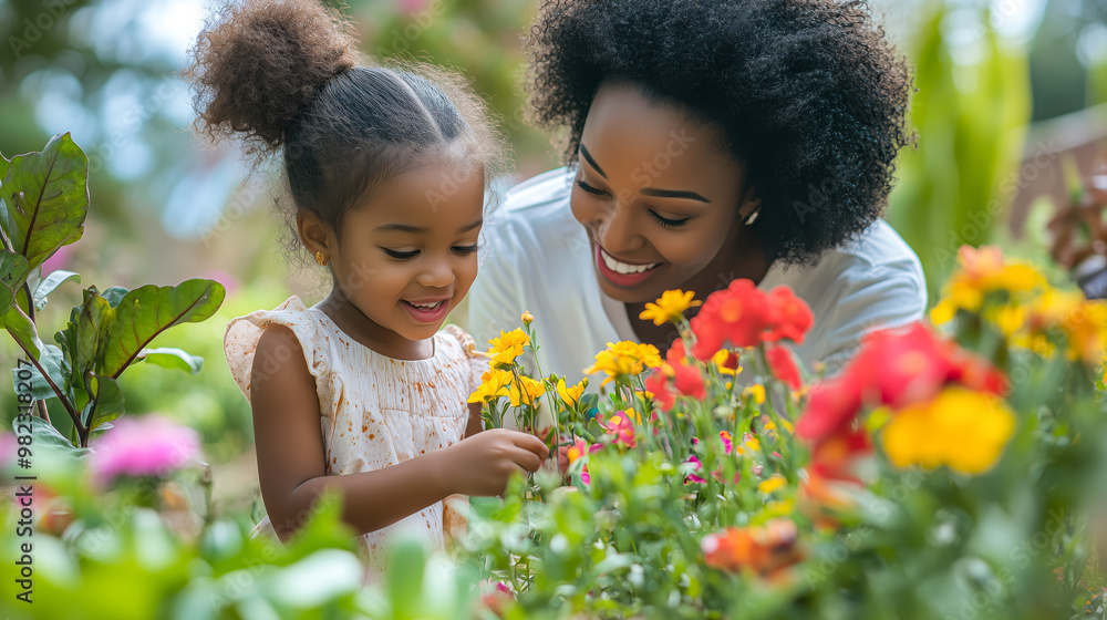 Poster african mother and daughter exploring a flower garden at the park