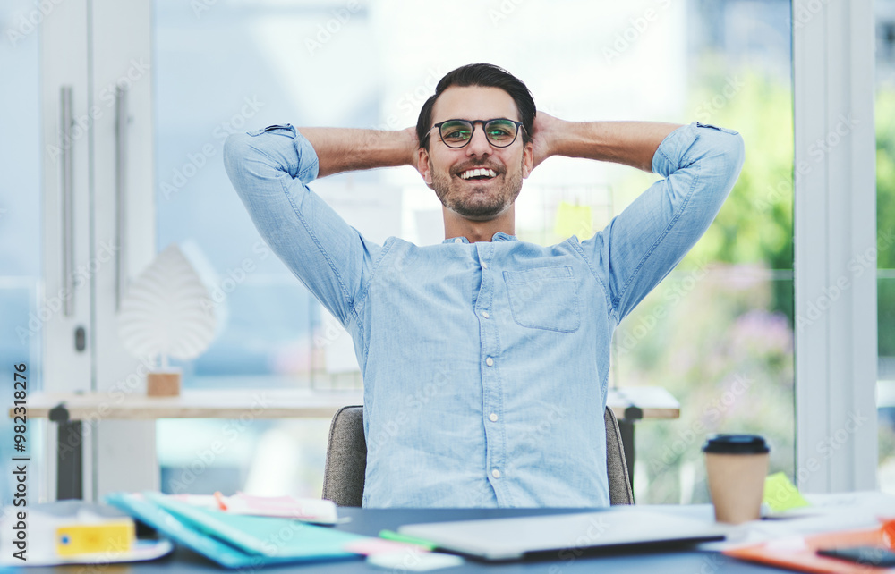 Poster business, man and stretching portrait with relax for easy design project, productivity or done with 