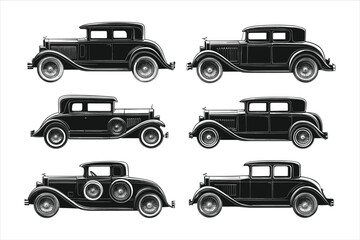 Several vintage cars are shown in a row in front of a city generative ai