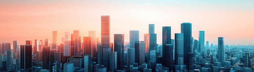 Breathtaking skyline of a modern city at dawn, featuring tall buildings and a vibrant sky with orange and blue hues.