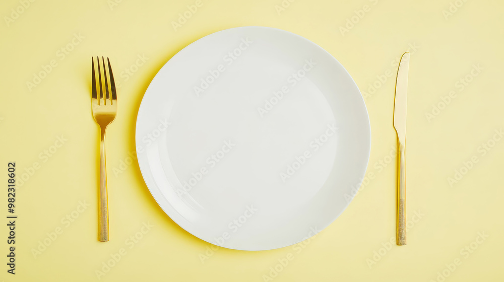 Wall mural Minimalist served white plate with golden fork and knife, copy space, yellow background. Generative AI