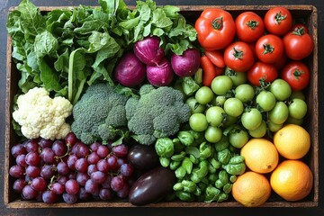 Colorful assortment of fresh fruits and vegetables, highlighting their natural beauty and nutritional value. 