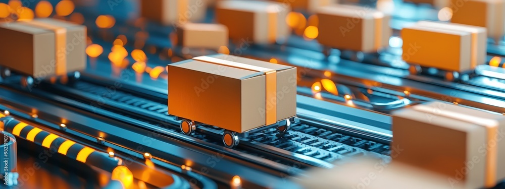 Poster a close-up of a package moving through a sophisticated tracking system within a distribution center.
