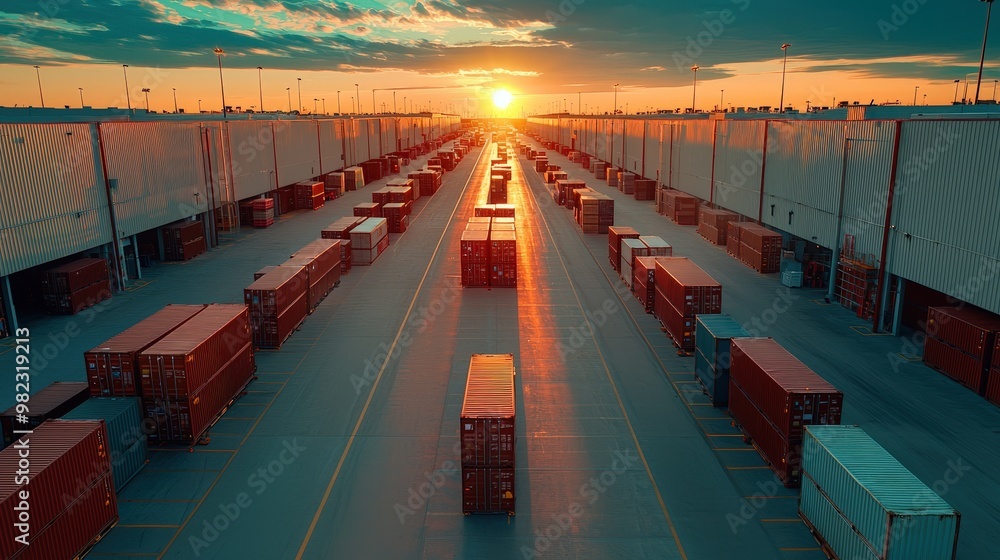 Poster a drone's-eye view of a sprawling distribution center complex with multiple loading docks.