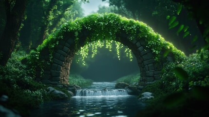A fairytale-like stone bridge draped in ivy