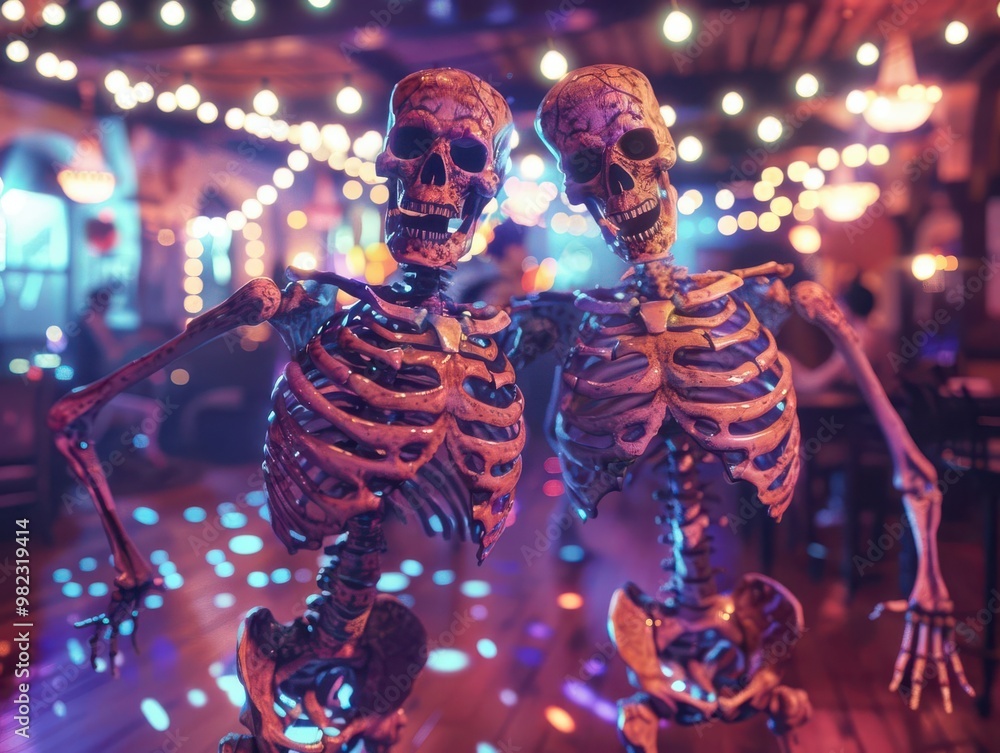 Poster two skeletons dancing at a vibrant, illuminated party with colorful lights and decorations creating 