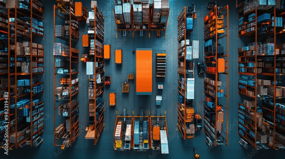 Poster a drone's-eye view of a sprawling distribution center complex with multiple loading docks.