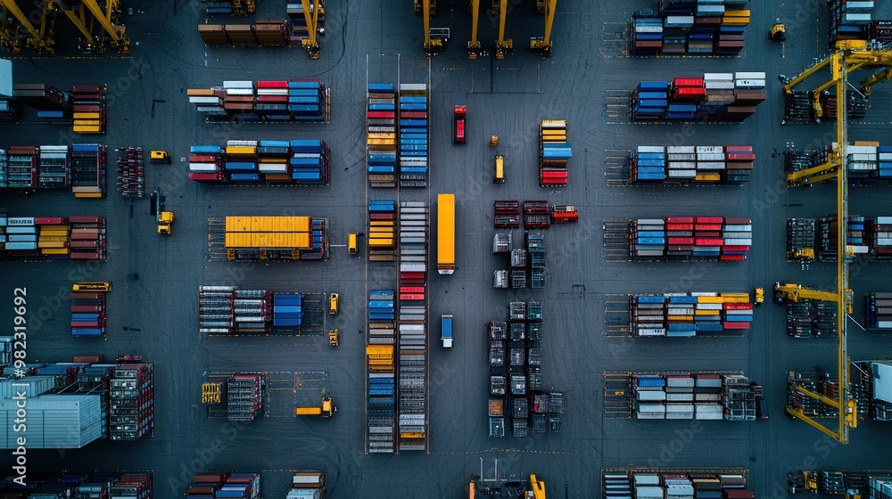 Poster a drone's-eye view of a sprawling distribution center complex with multiple loading docks.
